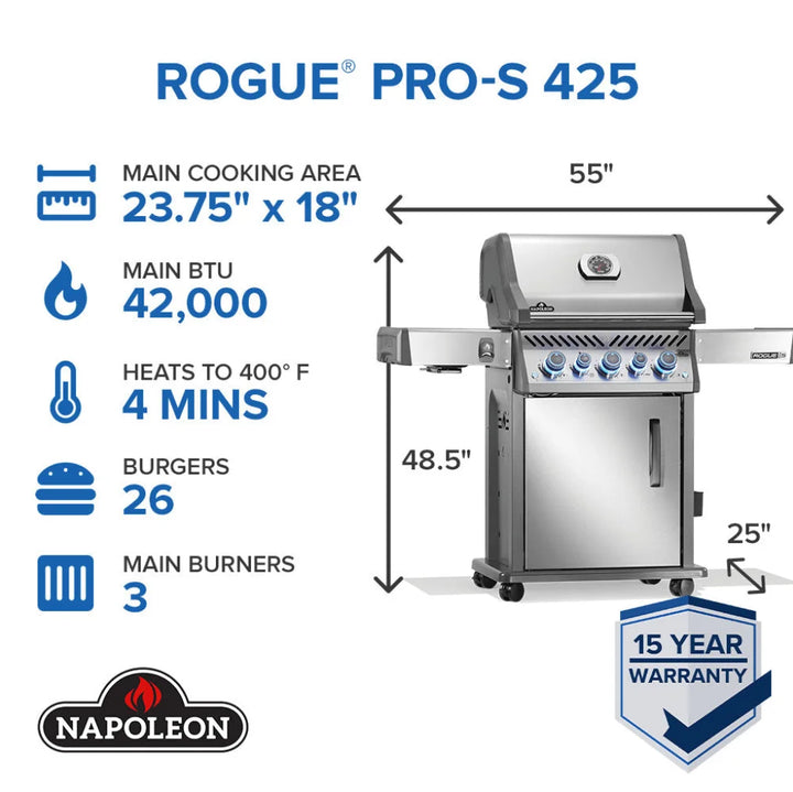 Napoleon Rogue PRO-S 425 RSIB grill features five burners, including an infrared side burner for intense searing heat and a rear rotisserie burner for even roasting.