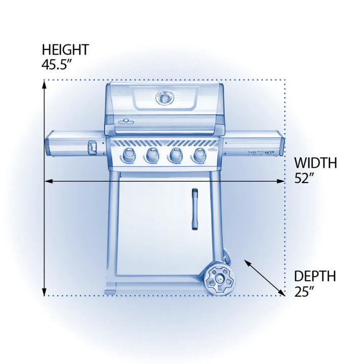 Napoleon 24" Freestyle 425 Gas Grill features four stainless steel burners delivering 38,000 BTUs of grilling power across its porcelain enameled cast iron cooking grids.