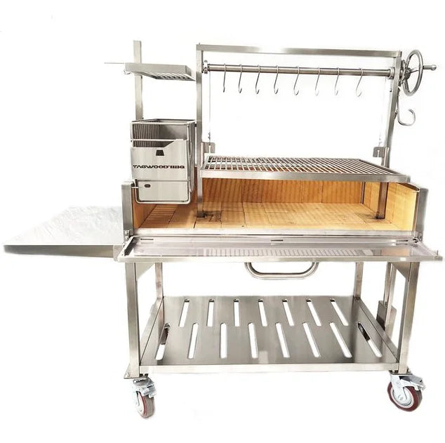 Tagwood Santa Maria Style Wood Grill features 1,117 sq in total grilling area, stainless steel construction, height-adjustable main grate, secondary grate, interchangeable griddle, and S-shape meat hooks for versatile open-fire cooking.