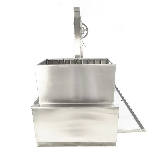 Tagwood Built-In Santa Maria Style Grill (BBQ05SS) featuring stainless steel construction, adjustable main grate, interchangeable griddle, and S-shape meat hooks for versatile cooking zones.