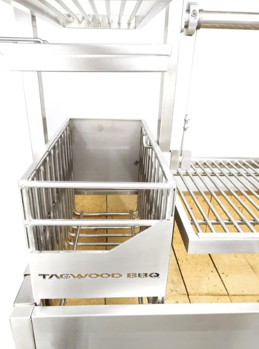 Tagwood BBQ Argentine Santa Maria Wood Fire & Charcoal Gaucho Grill features 710 sq. in. of cooking surface, height-adjustable main grate, and four distinct cooking zones.
