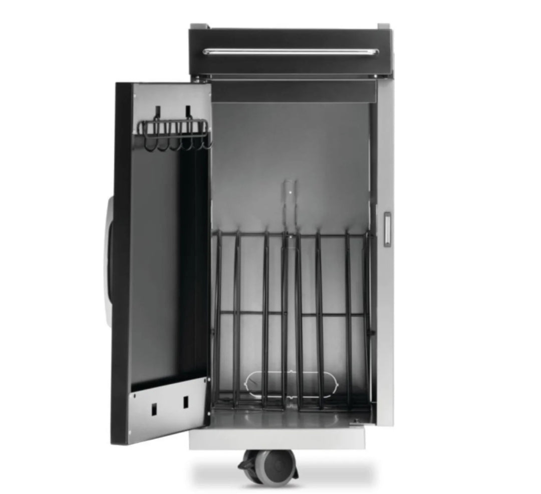 Napoleon Rogue PRO Under Grill Storage Cart (Gloss Black) in premium gloss black finish with smooth-rolling caster wheels and integrated storage for organized cooking space.