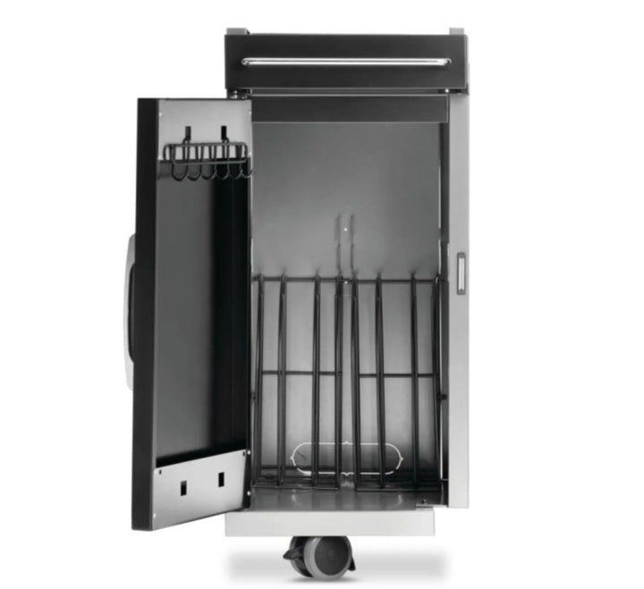 Napoleon Rogue PRO Under Grill Storage Cart (Gloss Black) in premium gloss black finish with smooth-rolling caster wheels and integrated storage for organized cooking space.