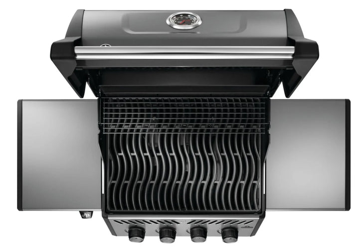 Napoleon Freestyle 425 Gas Grill features four stainless steel burners delivering 38,000 BTUs of grilling power, cast iron porcelainized cooking grids, and JETFIRE ignition system.