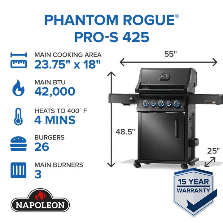 Napoleon Phantom Rogue PRO-S 425 RSIB - Matte Black luxury grill features five burners, infrared rotisserie, and SIZZLE ZONE side burner for professional-grade performance.