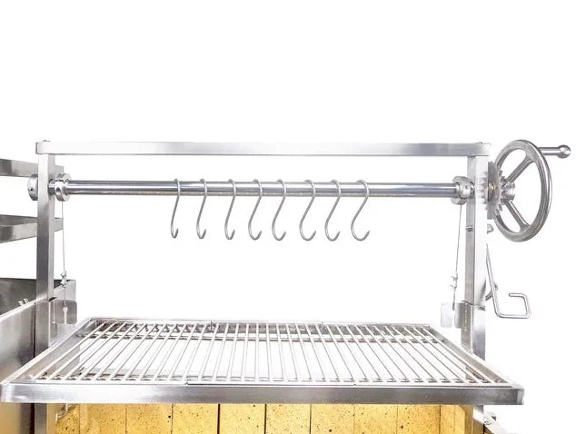 Tagwood BBQ Argentine Santa Maria Wood Fire & Charcoal Gaucho Grill, featuring #304 stainless steel construction, 710 sq. in. total cooking surface, and four distinct cooking zones with height-adjustable main grate, secondary grate, and S-shape meat hooks.