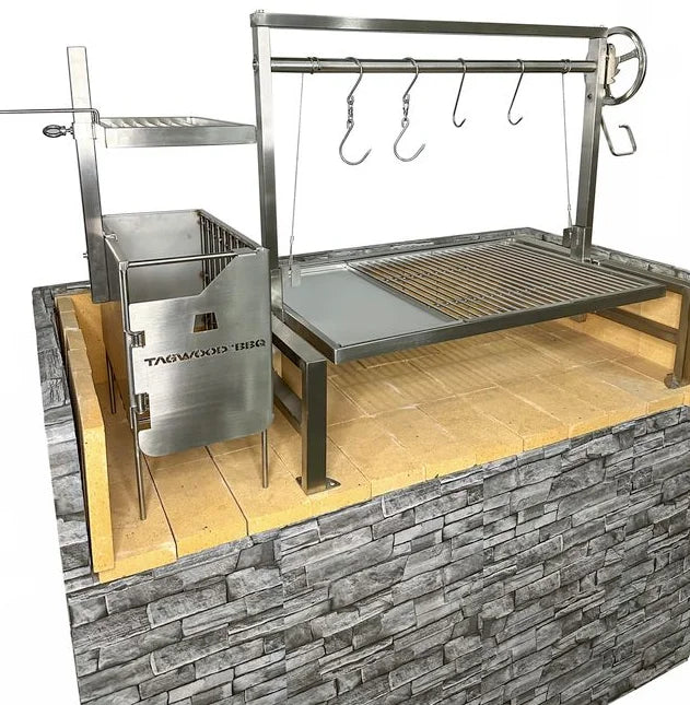 Tagwood Built-in Santa Maria Style Grill (656 sq. in.) - Stainless steel insert grill with elevated cooking space, compatible with round or V-shaped grates, ideal for outdoor kitchens and compact spaces.