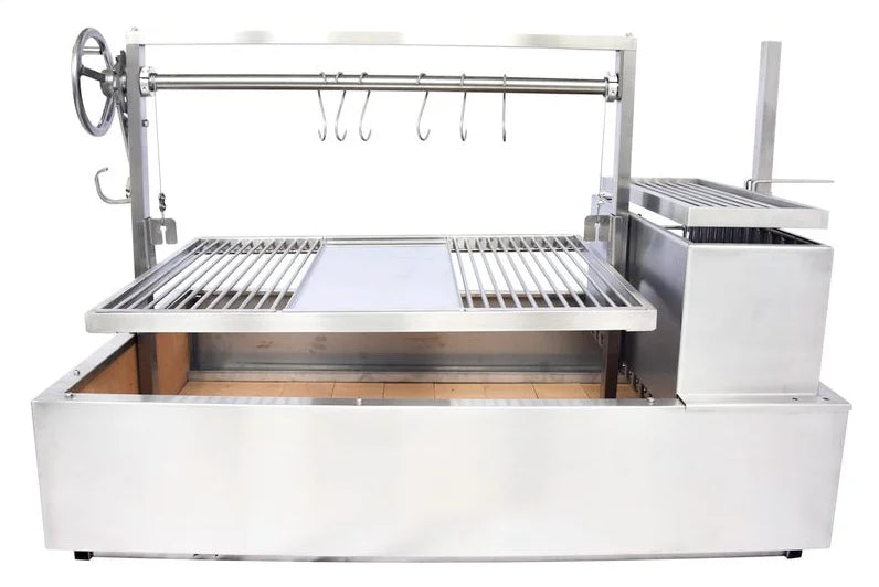 Tagwood XL Built-In Santa Maria Style Grill: Durable #304 stainless steel construction with firebrick insulation rated above 1500 °C, featuring a 1103 sq. in. total grilling area and adjustable elevation system for precise cooking control.