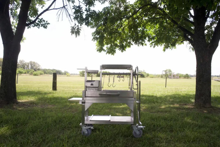 Tagwood Freestanding Mini Santa Maria Style Grill, compact stainless steel BBQ with four cooking zones, gaucho-style brasero firebox, foldable side table and casters for portability.