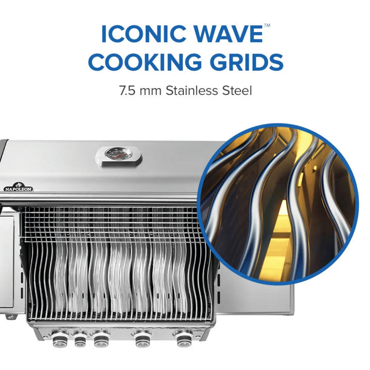 Napoleon Rogue PRO 525 SIB Propane Gas Grill featuring four main burners, infrared side burner, stainless steel construction, and iconic WAVE cooking grids.