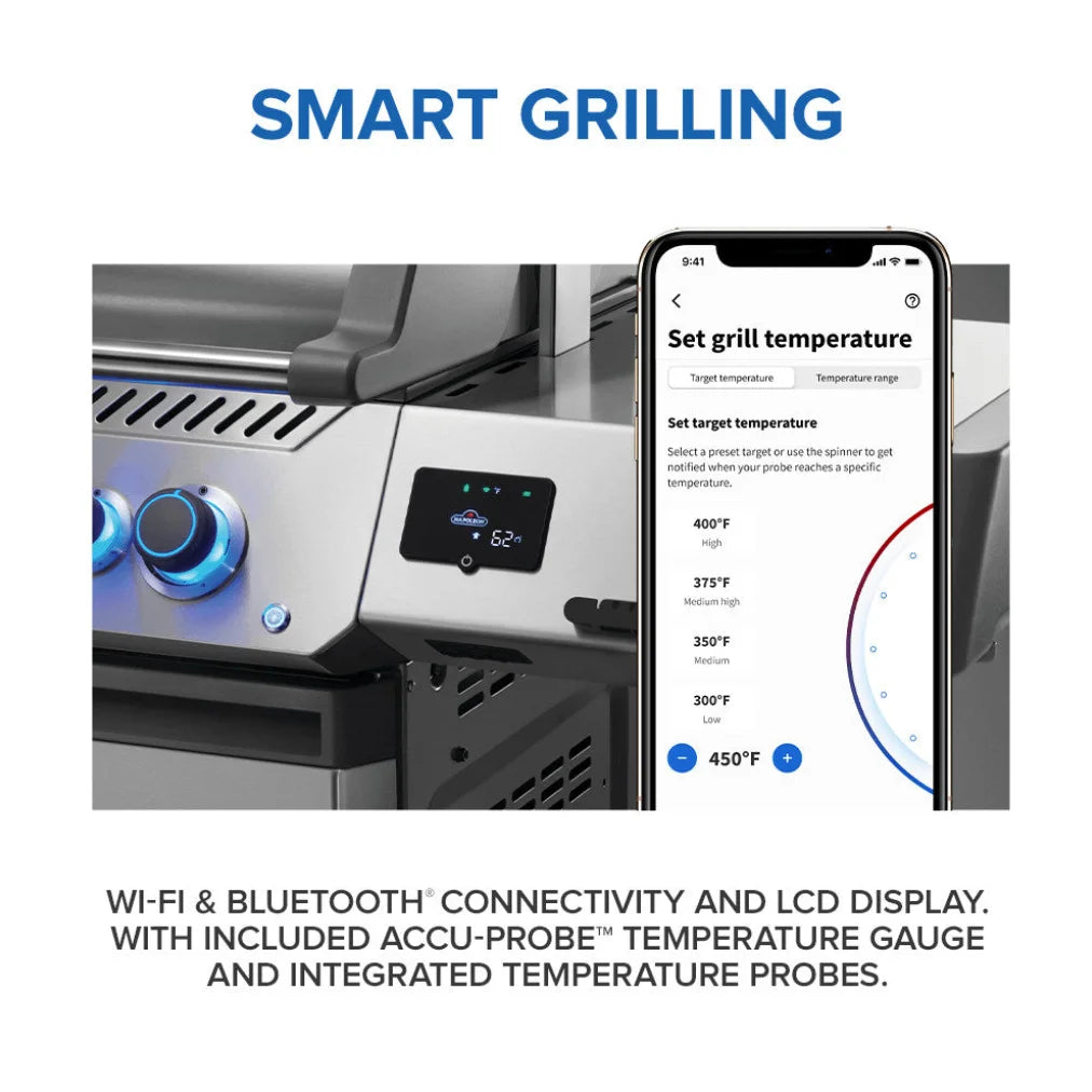Napoleon Prestige 665 Series Gas Grill: premium stainless steel build, 7 total burners, including infrared rear rotisserie burner and SIZZLE ZONE side burner, with 94,000 BTUs of heat output and over 1,000 sq. in. of cooking space.