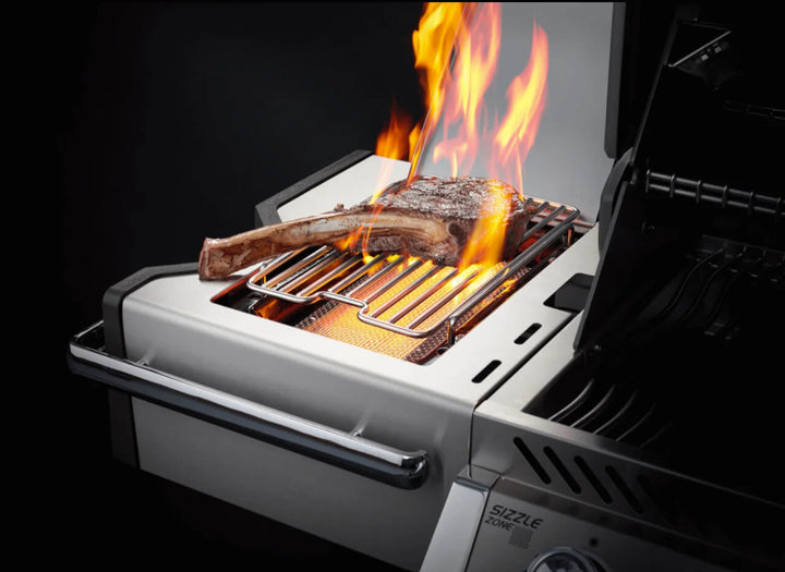 Napoleon Prestige Pro 500 luxury propane gas grill features six powerful burners, including infrared rear and side burners, offering 900 square inches of total cooking space for exceptional results in searing steaks or roasting rotisserie-style meals.