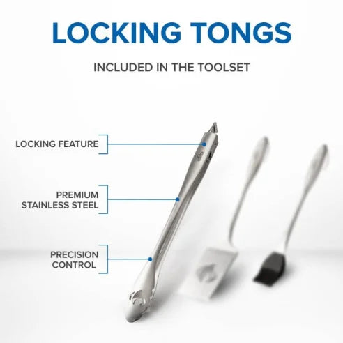 Napoleon PRO Stainless Steel 2-Piece Toolset features ergonomic locking tongs with slide-lock mechanism and scalloped tips, paired with a multifunctional spatula boasting an extra-long face with serrated edge and bladed tip.