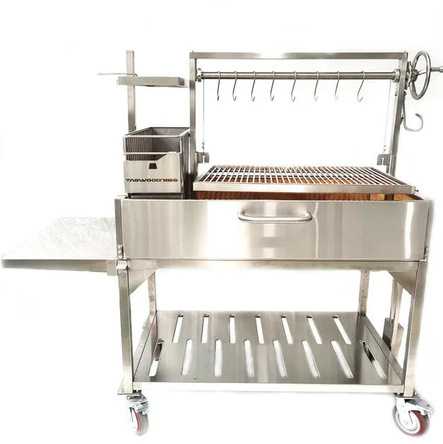 Tagwood Santa Maria Style Wood Grill: High-capacity stainless steel grill with adjustable main grate, secondary grating, interchangeable griddle, and S-shaped hooks for authentic gaucho performance.