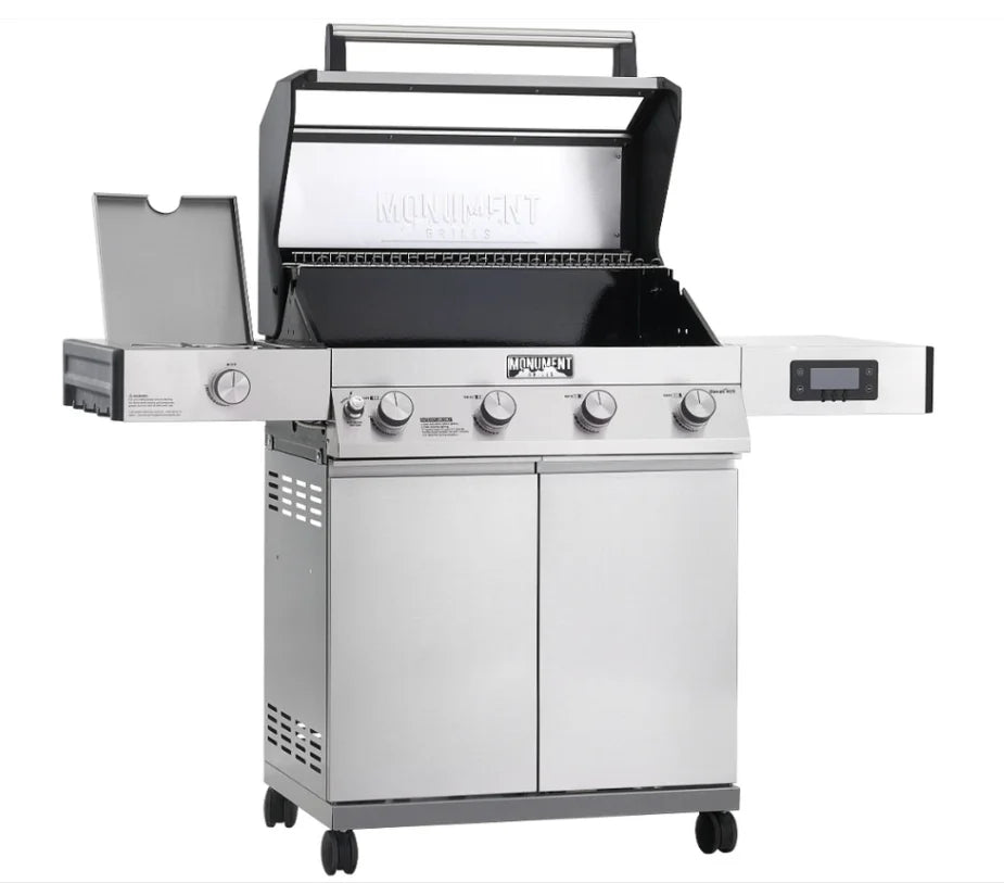 Monument Grills Denali Series D405 Gas Grill - 4-burner stainless steel smart propane grill with up to 60,000 BTUs, digital touchscreen, and Bluetooth connectivity for precise temperature control and real-time monitoring.
