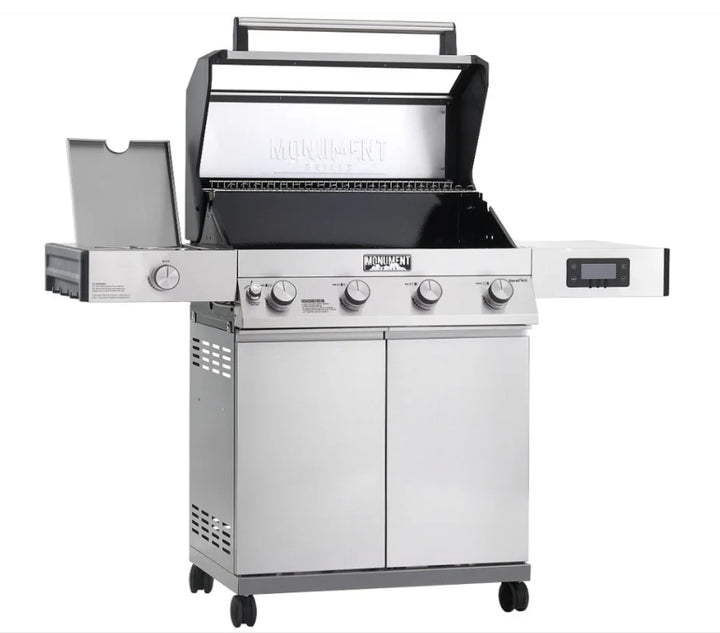 Monument Grills Denali Series D405 Gas Grill - 4-burner stainless steel smart propane grill with up to 60,000 BTUs, digital touchscreen, and Bluetooth connectivity for precise temperature control and real-time monitoring.