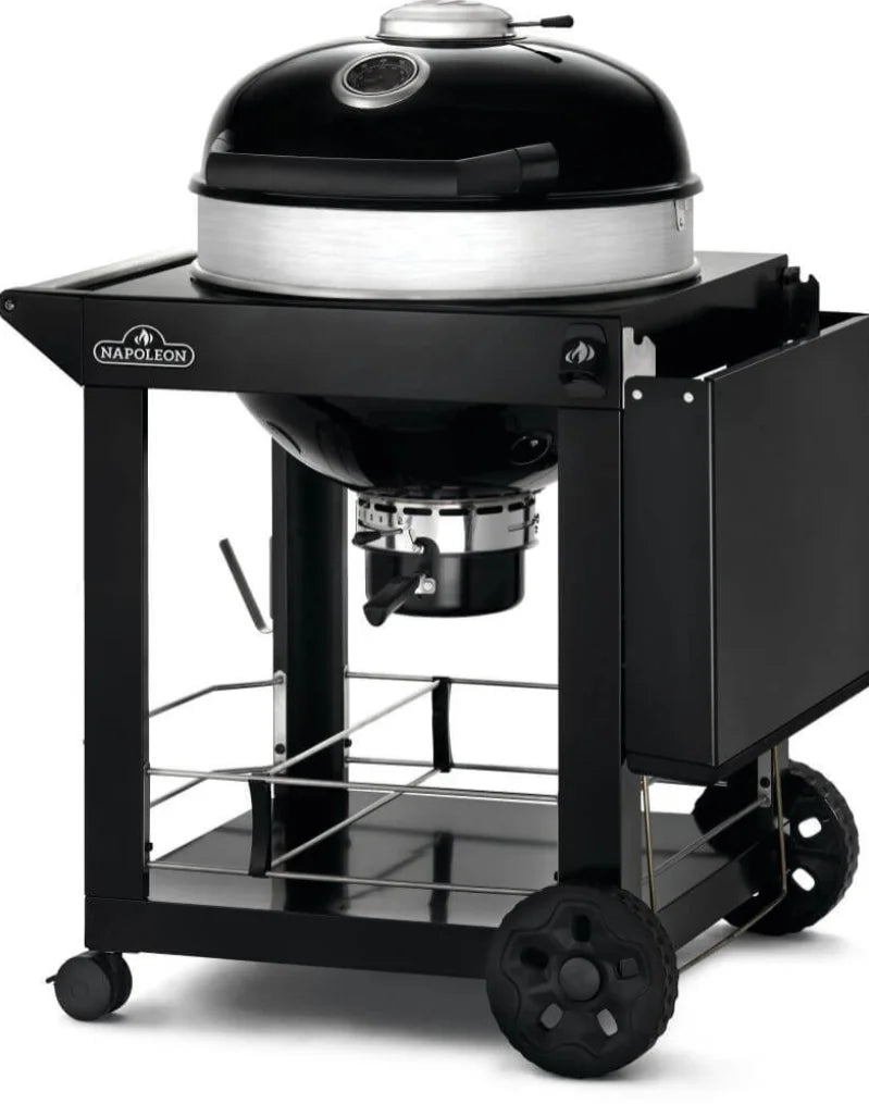 Professional 22-Inch Kettle Grill with Cart: Sturdy charcoal grill mounted on a mobile cart with porcelain-coated cast iron cooking grids, adjustable heights, and Napoleon's Vortex Heat Management System for precise temperature control.