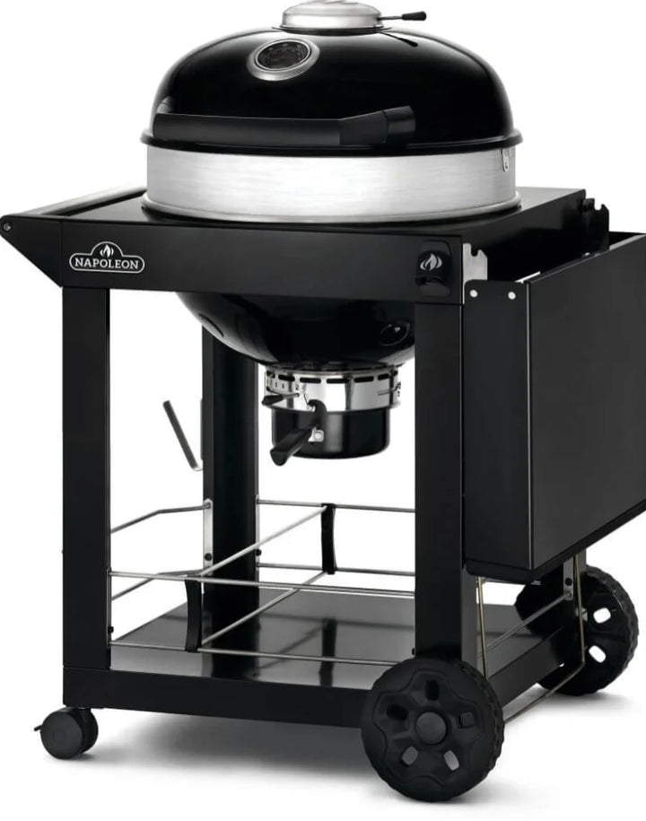 Professional 22-Inch Kettle Grill with Cart: Sturdy charcoal grill mounted on a mobile cart with porcelain-coated cast iron cooking grids, adjustable heights, and Napoleon's Vortex Heat Management System for precise temperature control.
