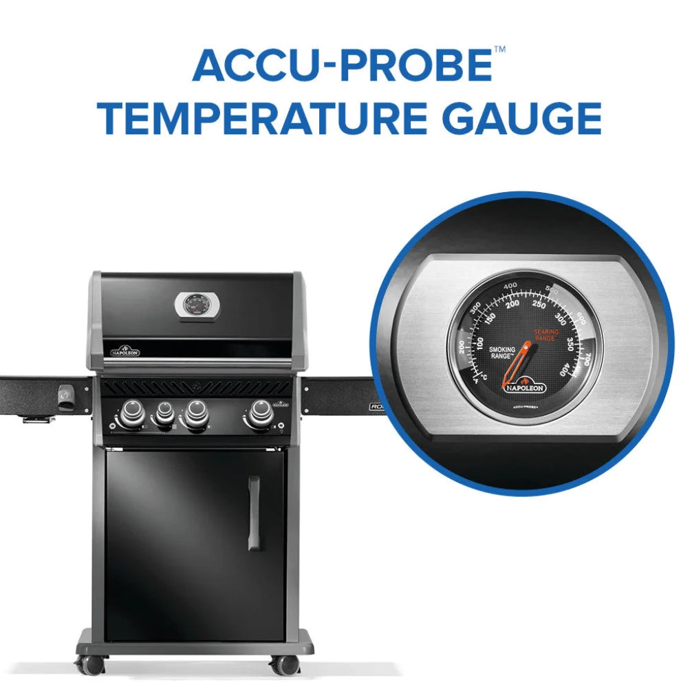 Napoleon Rogue PRO 425 SIB Natural Gas Grill with Premium Black Finish, featuring porcelainized cast iron cooking grids and infrared side burner for even heat distribution and steakhouse-quality sears.
