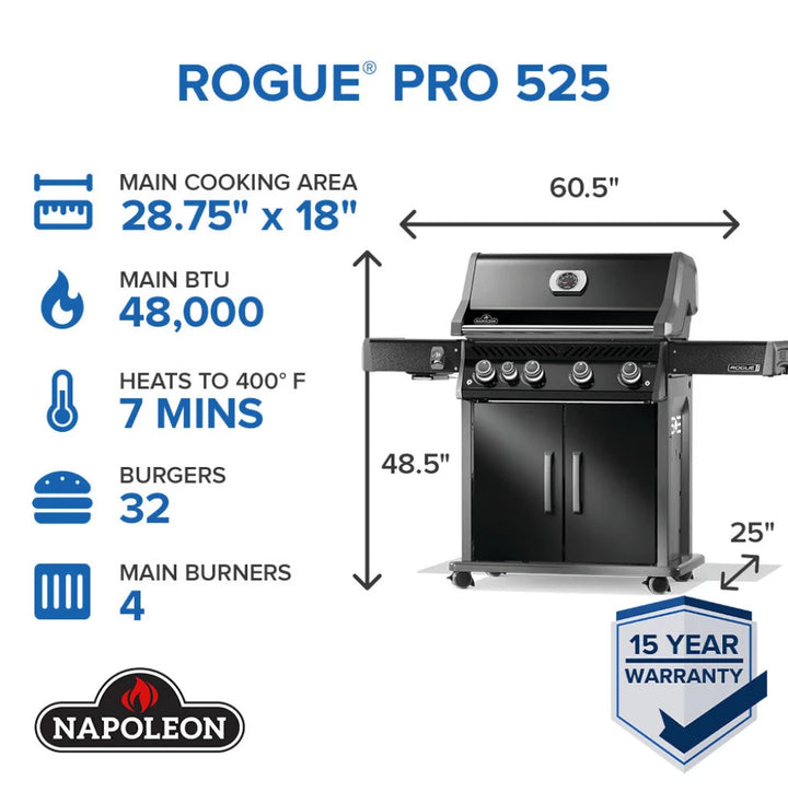 Napoleon Rogue PRO 525 natural gas grill with premium black finish and infrared side burner features four main burners, SIZZLE ZONE sear station, porcelainized cast iron cooking grids, and durable black porcelain enamel lid.