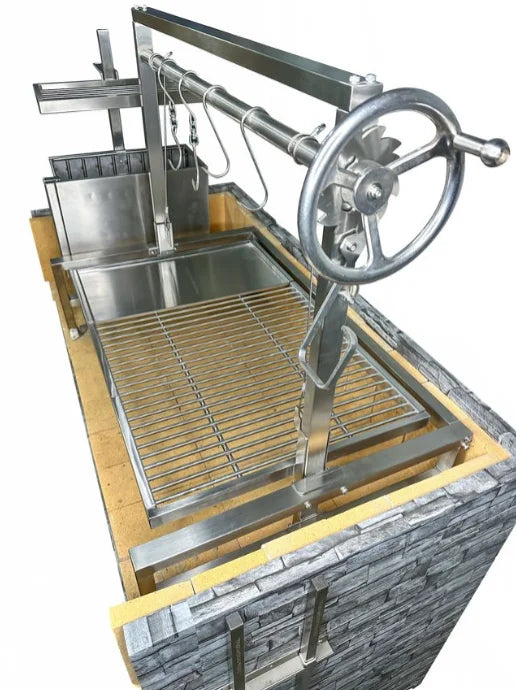 Tagwood Built-in Santa Maria Style Grill BBQ09SS insert-style grill featuring 656 sq in grilling space with hanging area for meats, made from #304 stainless steel with adjustable height and interchangeable round or V-shaped main grates.