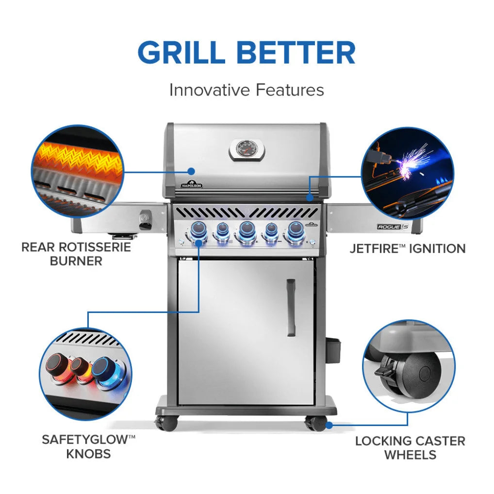 Napoleon Rogue PRO-S 425 RSIB grill features five burners, including an infrared side burner and rear rotisserie burner, with iconic WAVE stainless steel cooking grids for even heat distribution.