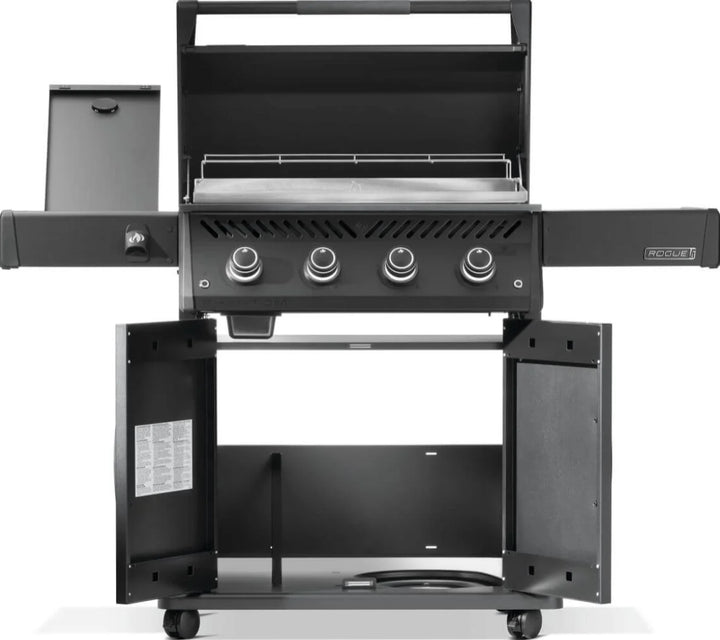 Napoleon Rogue PRO Phantom 30 Inch Griddle: High-performance outdoor cooking griddle with matte black finish, rust-resistant stainless steel cooktop, and four powerful burners delivering 33,600 BTUs of heat retention and even heat distribution for seamless searing and low-temp cooking.