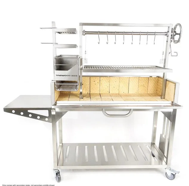 Tagwood BBQ Argentine Santa Maria Wood Fire & Charcoal Gaucho Grill, stainless steel construction with 4 cooking zones and Santa Maria elevation system for precise control.