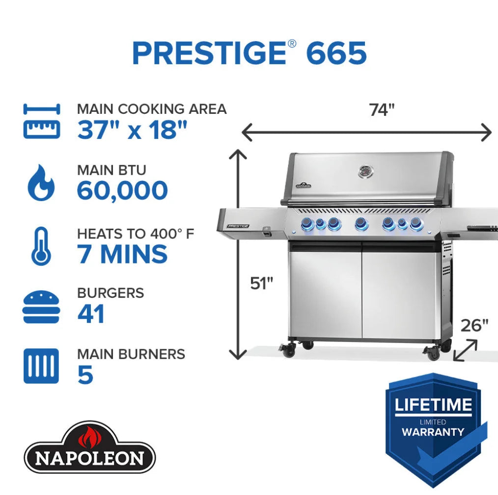 Napoleon Prestige 665 Series Gas Grill: Durable stainless steel construction with elegant chrome accents, 7-burner powerhouse featuring 94,000 BTUs and over 1,000 sq in of cooking space.