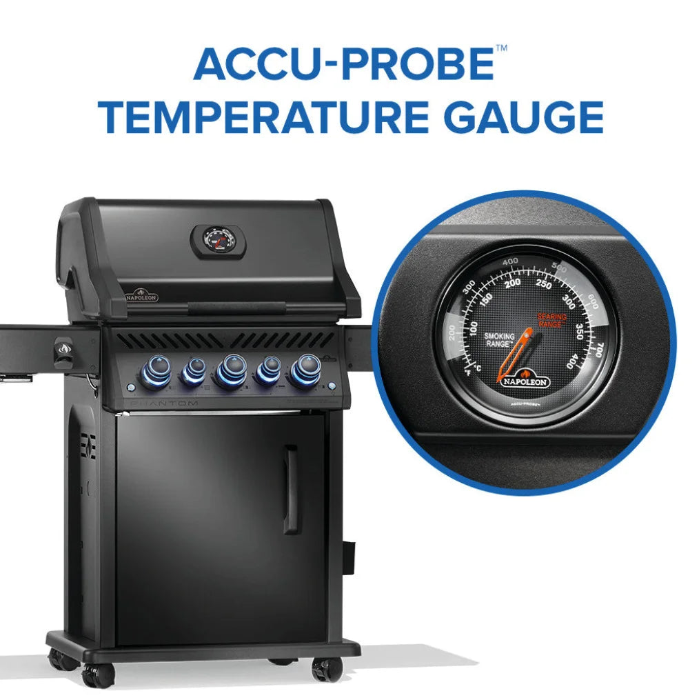 Napoleon Phantom Rogue PRO-S 425 RSIB - Matte Black grill features five burners, including infrared rear rotisserie and side SIZZLE ZONE, with iconic WAVE cooking grids for even heat distribution and striking sear marks.