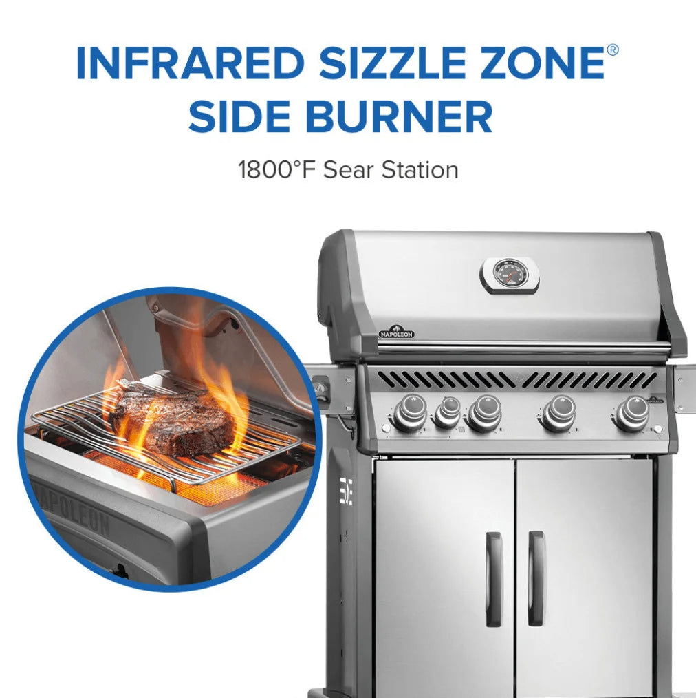 Napoleon Rogue PRO 525 SIB Propane Gas Grill features sleek stainless steel styling, four main burners, infrared side burner for searing, and spacious cooking area ideal for large gatherings or family meals.