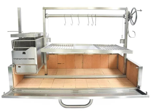 Tagwood XL Built-In Santa Maria Style Grill: High-performance, extra-large #304 stainless steel grill with 1,103 sq. in. grilling area, firebrick insulation, and adjustable elevation system for seamless outdoor cooking experiences.
