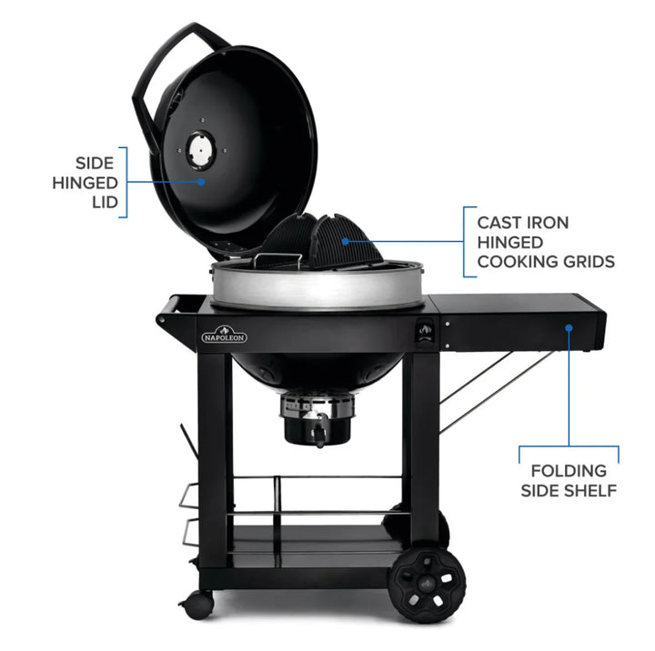 Napoleon Professional 22" Kettle Grill with Cart features porcelain-coated cast iron WAVE cooking grids, hinged lid, and Vortex Heat Management System for precise temperature control.