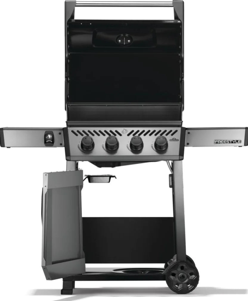 Napoleon 24" Freestyle 425 Gas Grill features four stainless steel burners delivering 38,000 BTUs of grilling power across its large cast iron porcelainized cooking grids.