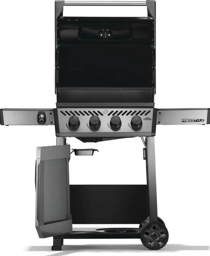 Napoleon 24" Freestyle 425 Gas Grill features four stainless steel burners delivering 38,000 BTUs of grilling power across its large cast iron porcelainized cooking grids.