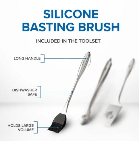 Napoleon PRO Stainless Steel 3-Piece Toolset featuring locking tongs with slide-lock mechanism, ergonomic grip, and scalloped tips, multifunctional spatula with serrated edge and bladed tip, and silicone basting brush with long handle for safe heat distance.
