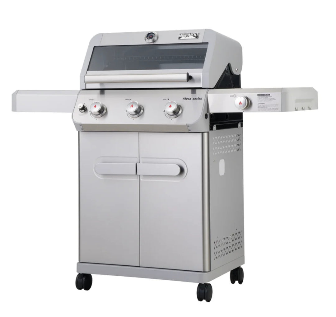 Monument Grills 'M305' Gas Grill - Mesa Series, compact stainless steel propane grill with three high-performance burners delivering 45,000 BTUs of heat for even cooking and searing.