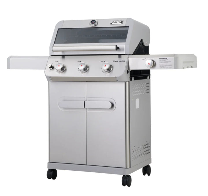 Monument Grills 'M305' Gas Grill - Mesa Series, compact stainless steel propane grill with three high-performance burners delivering 45,000 BTUs of heat for even cooking and searing.