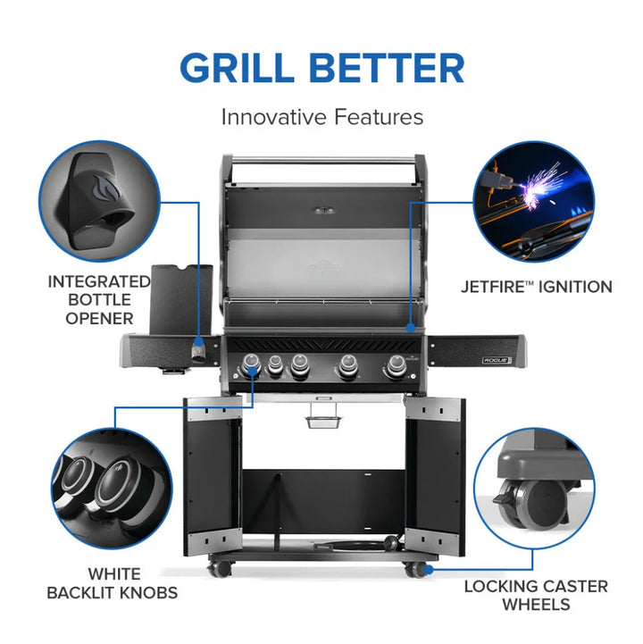 Napoleon Rogue PRO 525 Black Natural Gas Grill with Infrared Side Burner features four main burners, infrared SIZZLE ZONE side burner, and porcelainized cast iron cooking grids for professional-grade performance.