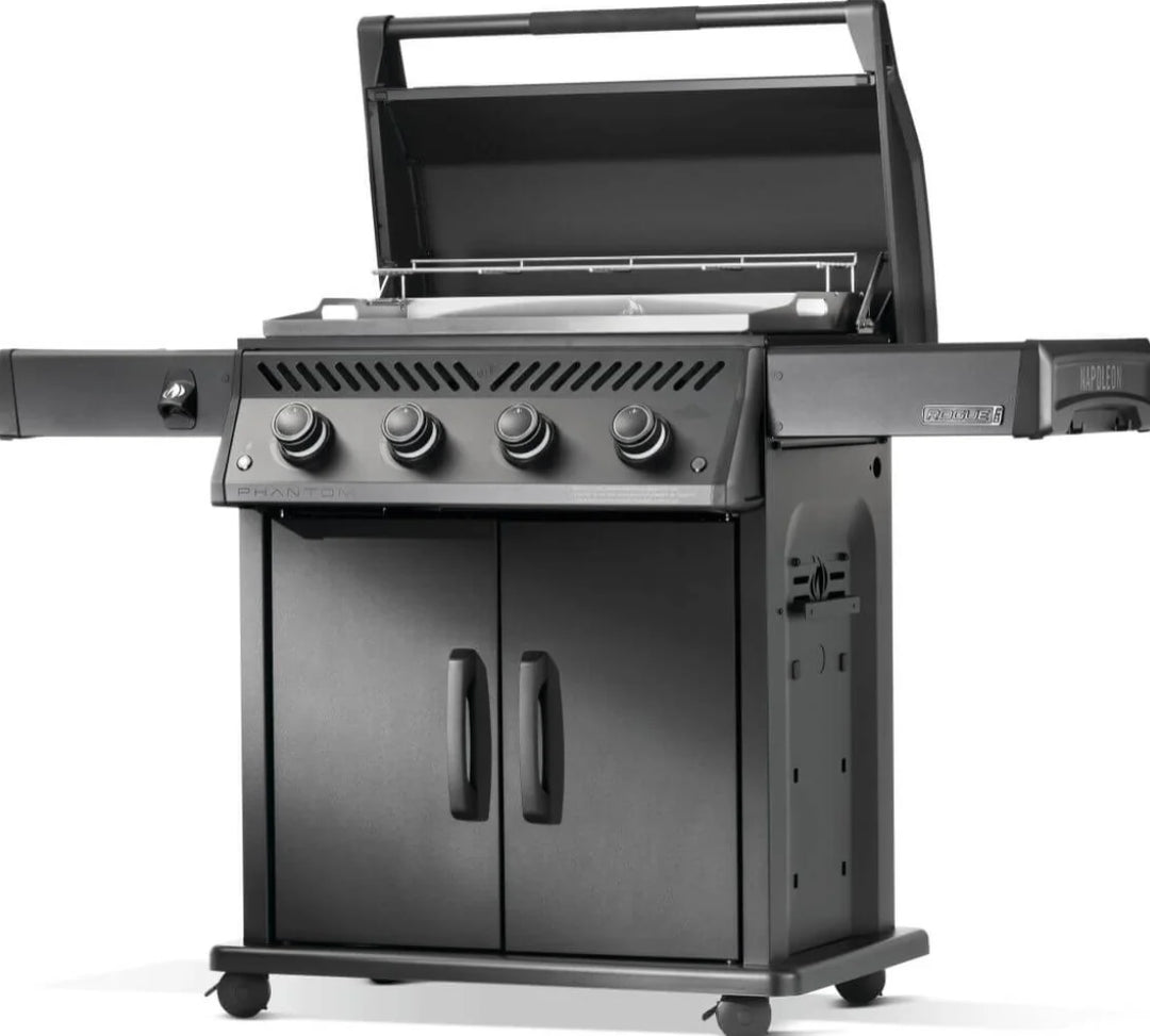 Napoleon Rogue PRO Phantom 30 Inch Griddle features rugged matte black finish, rust-resistant stainless steel cooktop, and four powerful burners delivering 33,600 BTUs of cooking power.