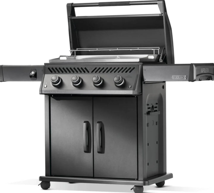 Napoleon Rogue PRO Phantom 30 Inch Griddle features rugged matte black finish, rust-resistant stainless steel cooktop, and four powerful burners delivering 33,600 BTUs of cooking power.