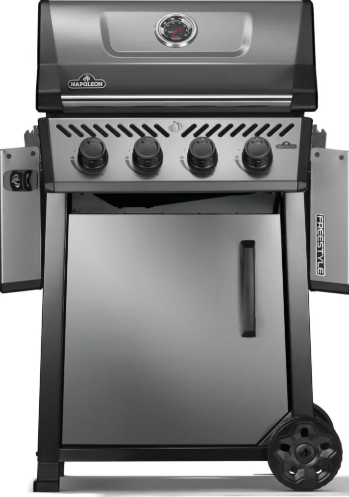 Napoleon 24" Freestyle 425 Gas Grill features four stainless steel burners delivering 38,000 BTUs of grilling power, along with cast iron porcelainized cooking grids for even heat distribution and searing.