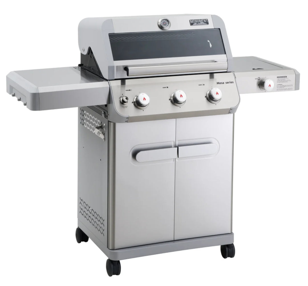 Monument Grills Mesa Series M305 compact stainless steel propane gas grill with three high-performance burners delivering 45,000 BTUs for efficient outdoor cooking.