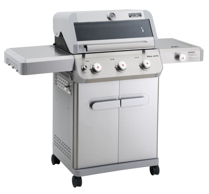 Monument Grills Mesa Series M305 compact stainless steel propane gas grill with three high-performance burners delivering 45,000 BTUs for efficient outdoor cooking.
