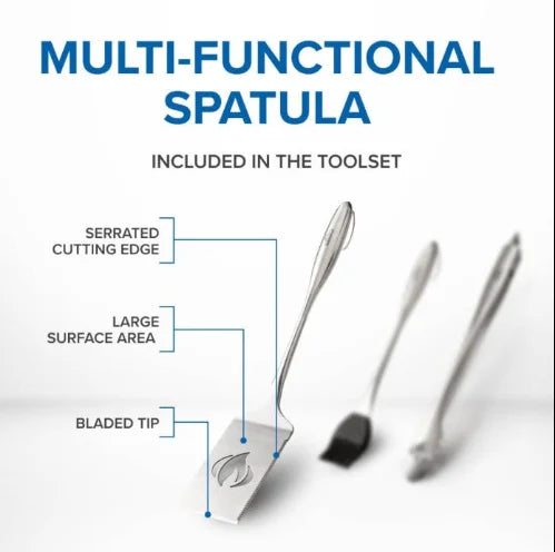 Napoleon PRO Stainless Steel 2-Piece Toolset: Ergonomic locking tongs and multifunctional spatula with curved handles, slide-lock mechanism, and extra-long face for effortless grilling.