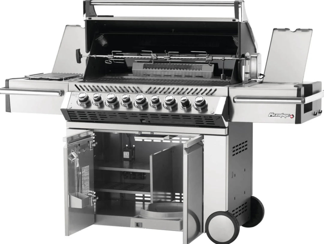 Napoleon Prestige Pro 665 propane gas grill with infrared side and rear burners, stainless steel construction, 99,000 BTUs, 1,142 sq in cooking area, wave grids, smoker tray and rotisserie kit.