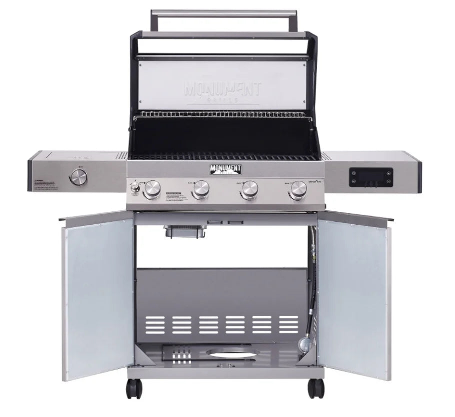 Monument Grills "D405" Gas Grill - Denali Series stainless steel grill featuring smart digital touchscreen control, color-changing LED backlit knobs, Bluetooth connectivity, and 725 sq in cooking space with ClearView lid and porcelain-coated firebox for effortless heat retention and durability.