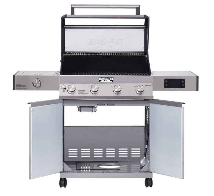 Monument Grills "D405" Gas Grill - Denali Series stainless steel grill featuring smart digital touchscreen control, color-changing LED backlit knobs, Bluetooth connectivity, and 725 sq in cooking space with ClearView lid and porcelain-coated firebox for effortless heat retention and durability.