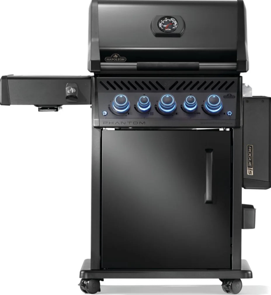 Napoleon Phantom Rogue PRO-S 425 RSIB Matte Black Grill in luxurious matte black finish, featuring five burners, infrared rotisserie burner, SIZZLE ZONE side burner, and iconic WAVE stainless steel cooking grids for optimal performance and style.