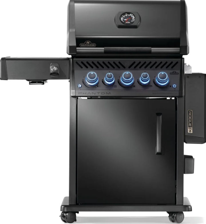 Napoleon Phantom Rogue PRO-S 425 RSIB Matte Black Grill in luxurious matte black finish, featuring five burners, infrared rotisserie burner, SIZZLE ZONE side burner, and iconic WAVE stainless steel cooking grids for optimal performance and style.